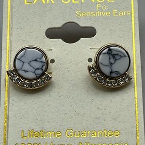 Ear Sense Goldtone Howlite Stone Crystal Arc Hypoallergenic Stud Earrings